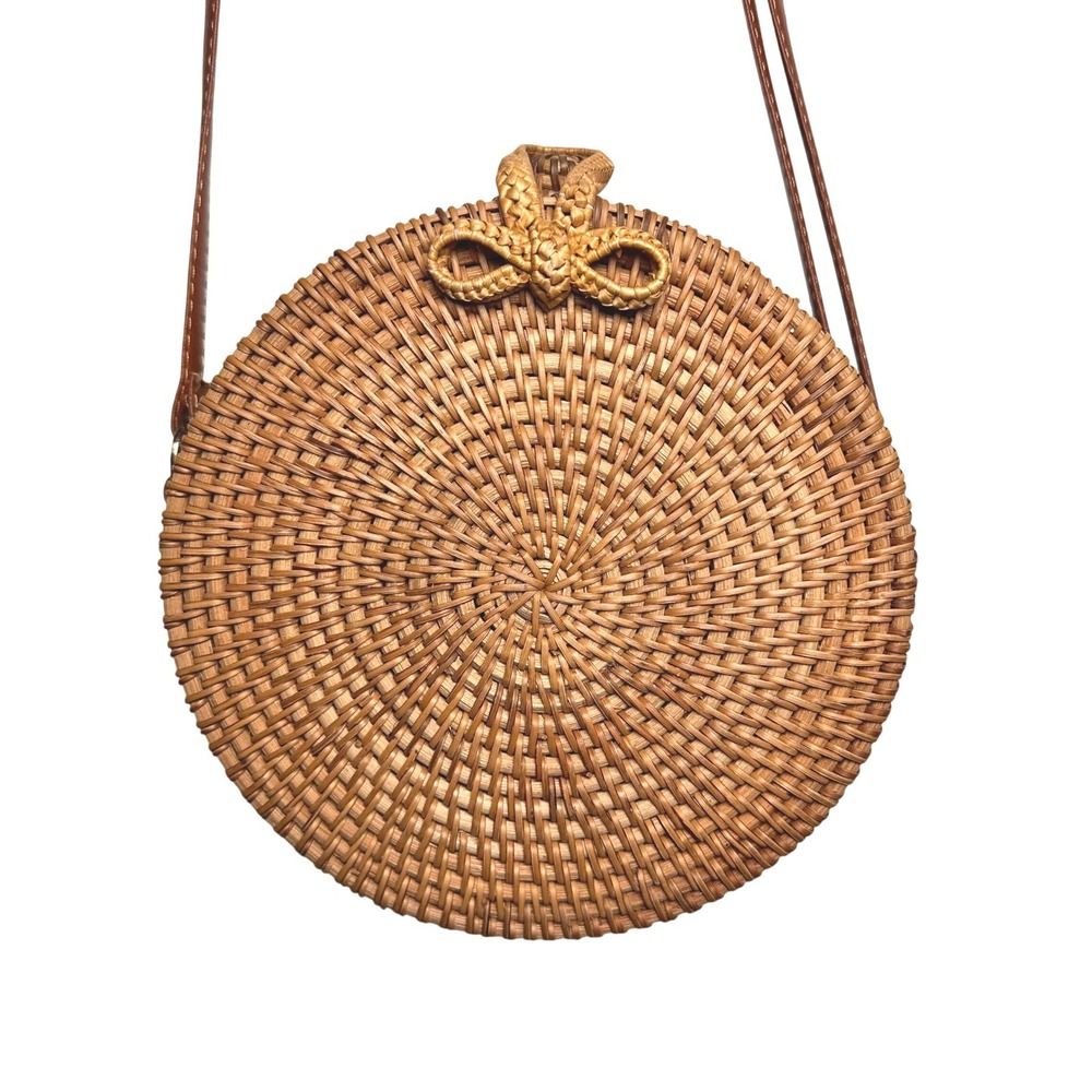 Handmade Round Woven Rattan Crossbody Bag Brown Minimalist Boho Circle Purse